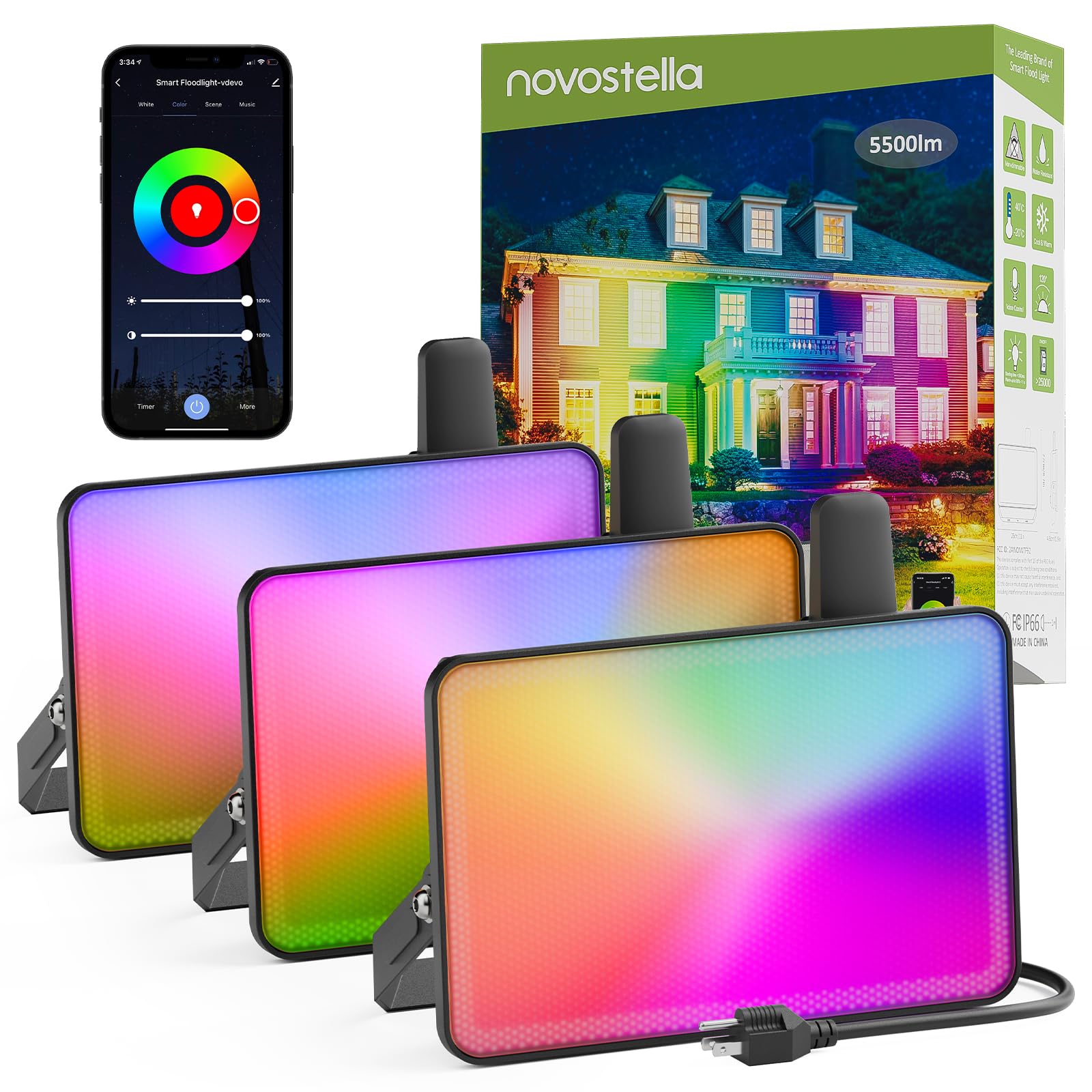 Photo 1 of NOVOSTELLA Smart RGB Flood Lights Outdoor 60W Tunable White, Color Changing Landscape Halloween Floodlights, IP66 Waterproof, Group Control Uplights, 2700K-6500K Strobe Lights for House Event 3PCS
