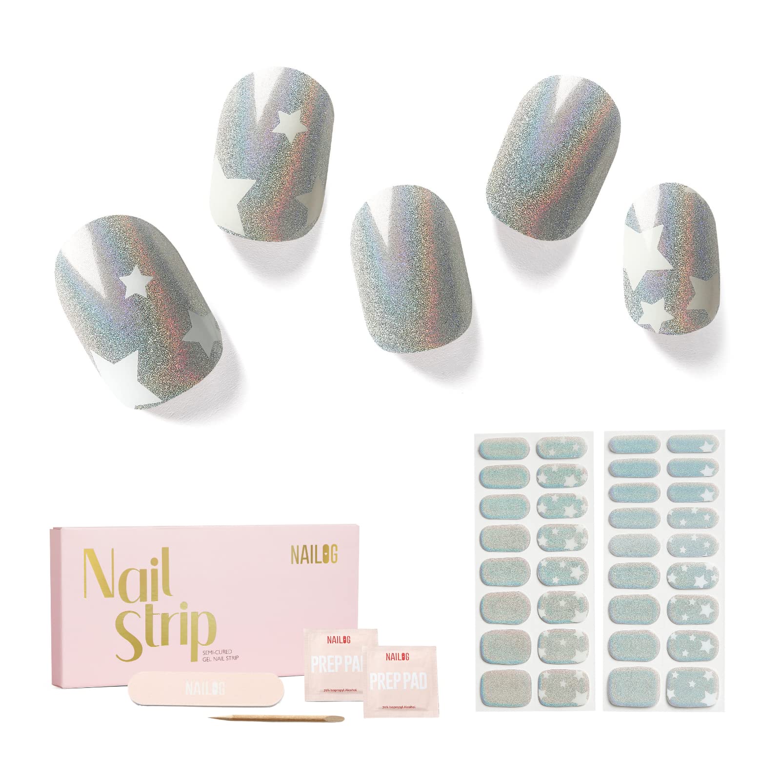 NAILOG Semi Cured Gel Nail Strips, 34 pcs Salon-Quality Gel Nail Stickers, Long Lasting Nail Wraps for Women with Soft Gel Finish, Shimmery Stars — image 1