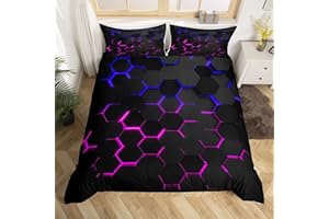 CASTLE FAIRY 3D Honeycomb Duvet Cover Queen Size for Kids Geometry Hexagon Bedding Sets with 2 Pillowcase,Pink Blue Neon Lights Print Comforter Cover Teen Boys Girls Bedroom Decor Bed Cover 3 Piece,Black