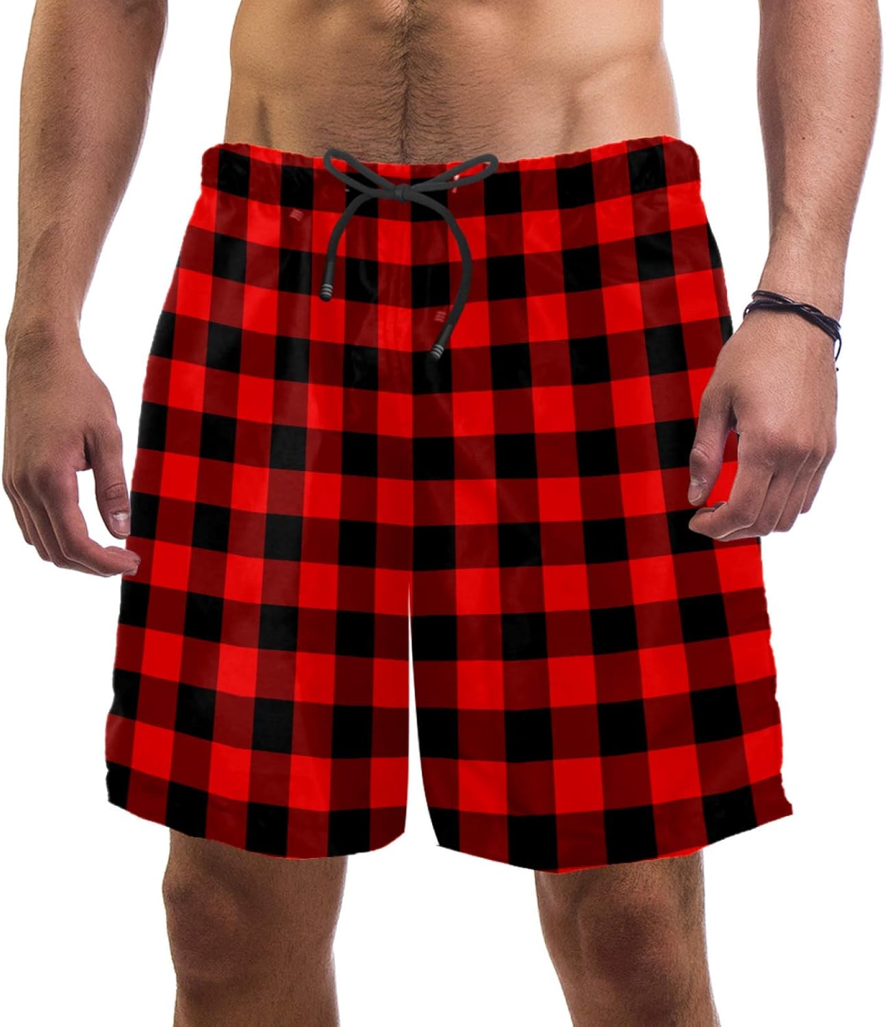 Athletic Christmas Red Black Plaid Grid Pattern Beach Shorts for Men