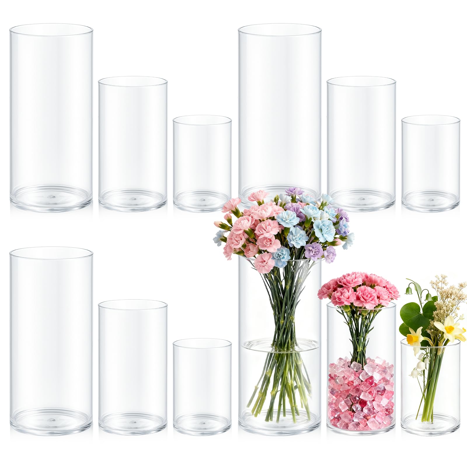 Photo 1 of *** 4 PACK *** 12 Pack Cylinder Vases for Centerpieces 4, 6, 8 Inch Tall Acrylic Cylinder Clear Flower Vase Set Home Decor Centerpiece Table Clear Flower Vase Decorations for Table Shelf, Party, Wedding