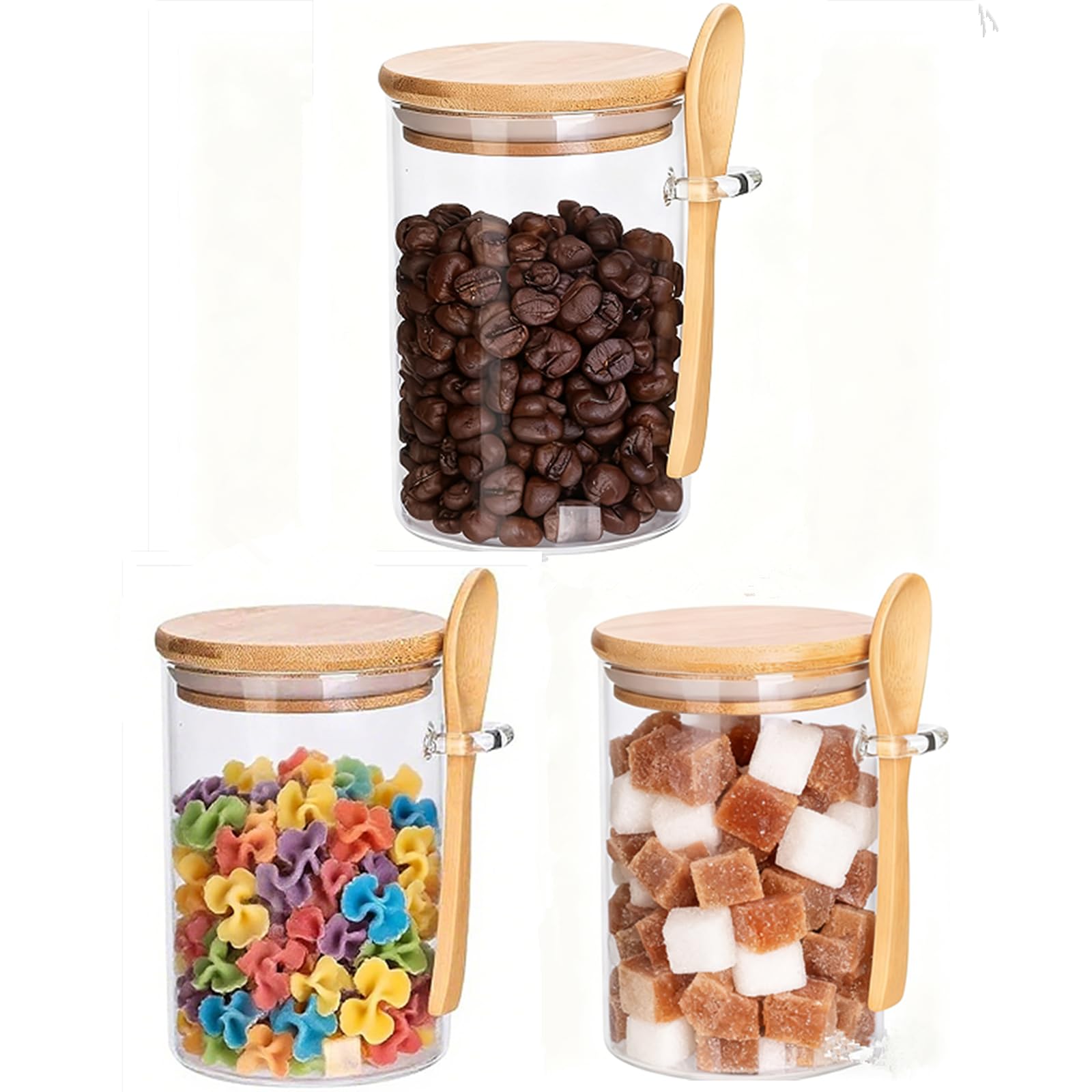 Surplex 3 Pcs Glass Jars with Airtight Lid and Spoon Sleeves Set for Storage, Overnight Oats Container with Lid, Bath Salt Containers 530ml, Decorative home Kitchen Jar for Coffee/Tea/Sugar/Spice