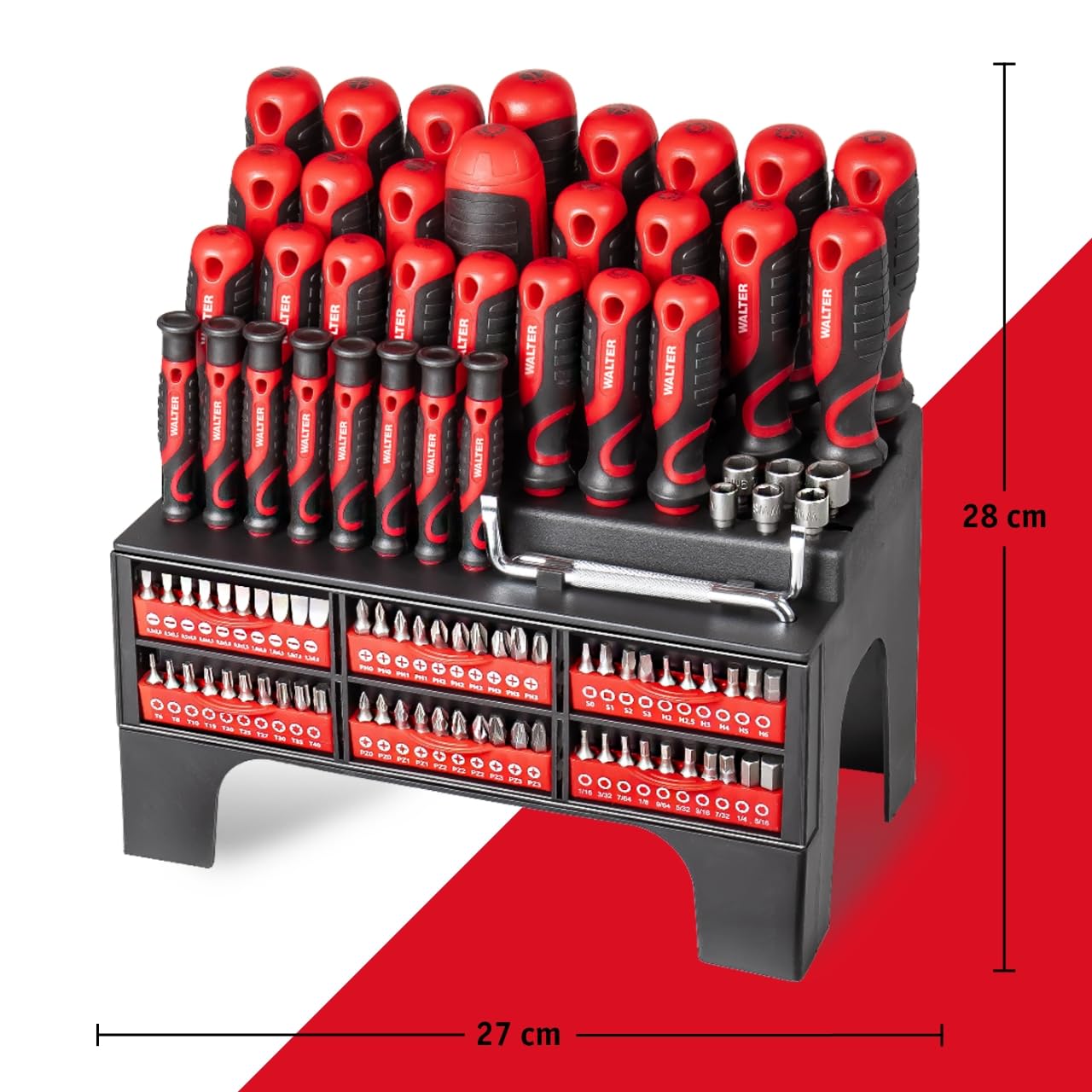 WALTER XXL Schraubendreher- & Bit-Set 100-teilig – Geschenk für Papa, Männer + Handwerker –inkl. Präzisions- & Winkelschraubendreher, Stecknüsse, Ratschen-Schrauber – Kreuzschlitz, Sechskant 9