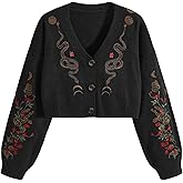 BEAUDRM Women's Cropped Cardigan Boho Gothic Floral Embroidery Long Sleeve V Neck Button Down Knitwear Spring Sweater