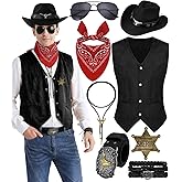 VillbeCoser 8 PCS Men’s Western Cowboy Costume Set with Cow Vest & Hat Retro Accessories Halloween Party Cosplay