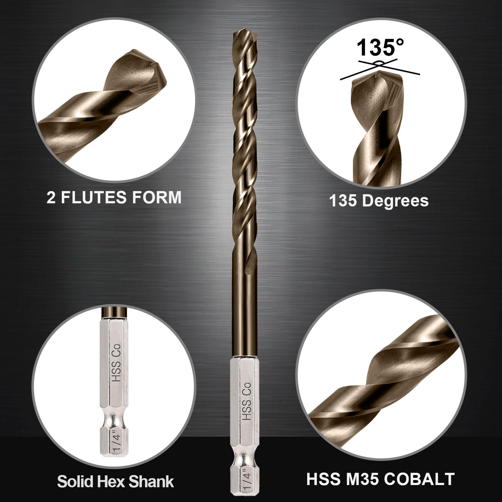 Sinyeenglon Cobalt Drill Bit Set – 13Pcs M35 HSS Hex Shank Impact Bits 1/16" To 1/4" For Hardened Metal & Stainless Steel, With Index Holder