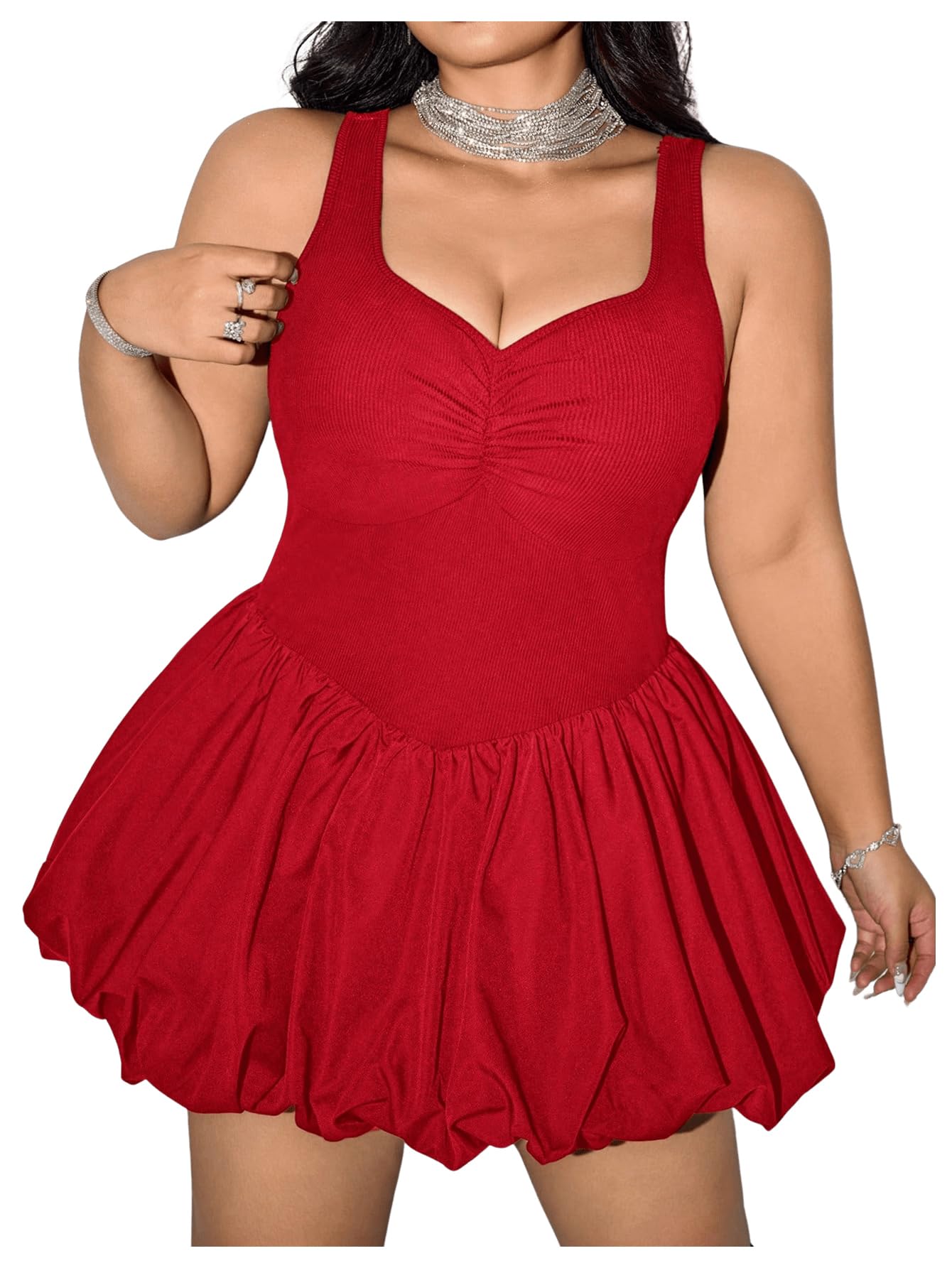 Photo 1 of Milumia Women's Plus Size Ruched Bubble Mini Dress Sleeveless A Line Party Club Short Dresses Red X-Large Plus