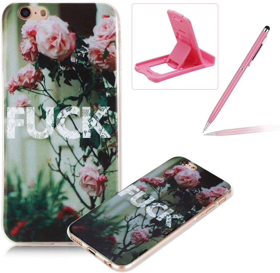 For iPhone 6S Case,For iPhone 6 Cover,Herzzer Ultra Slim Fashion [Fuck Flower Pattern] Clear Crystal Soft Silicone Gel Bumper Cover Flexible TPU Transparent Skin Protective Case for iPhone 6/6S 4.7 inch + 1 x Free Pink Cellphone Kickstand + 1 x Free Pink Stylus Pen