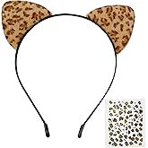 AIBFRID Cheetah Ears Headband with Face Tattoos, Leopard Ears Headband for Women Halloween Cheetah Ear Hairband Leopard Ears Accessories