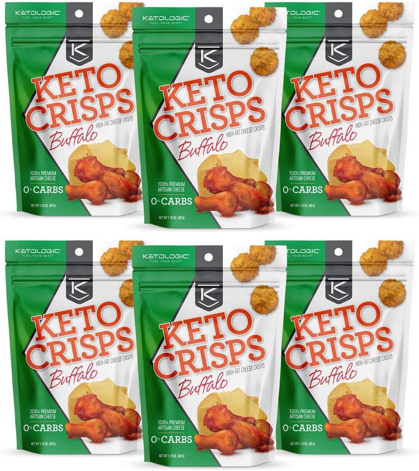 KetoLogic Keto Crisps, Buffalo | Low Carb, High Fat, High Protein, Gluten Free | Sustainably Sourced, Oven Baked Keto Snack | 1.75 Oz Per Bag, 6 Pack
