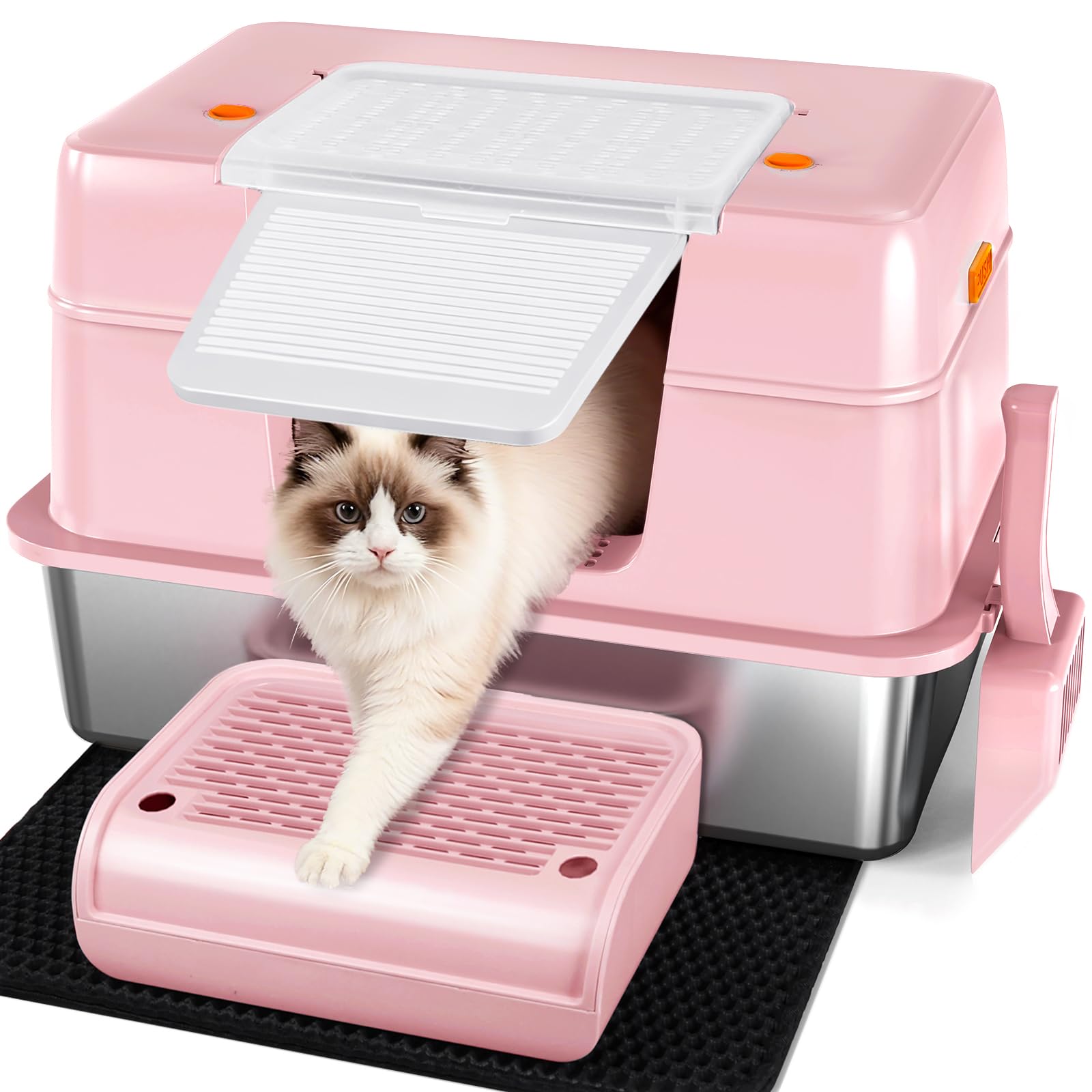 Vivifying Pink Stainless Steel Covered Cat Litter Box – Odor-Control, Easy-Clean Modular Enclosed Kitty Toilet, Elegant Design for Stylish Cat Moms Image