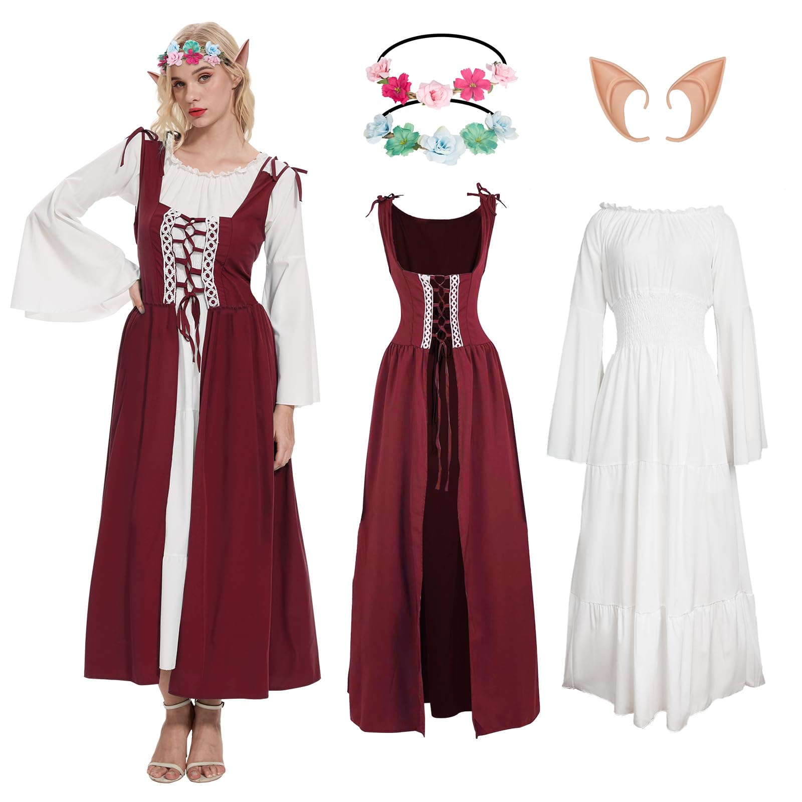 YRTBGD Medieval Clothing Women's Renaissance Dress Carnival Halloween Costume Women with Elf Ears Headdress (Red, XL)