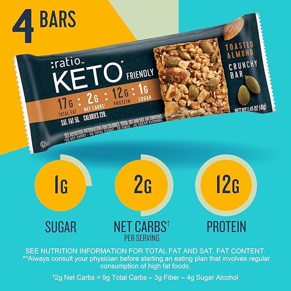 RATIO CRUNCHY BAR, TOASTED ALMOND, 12G PROTEIN, KETO FRIENDLY, 5.8 OZ (4 BARS)