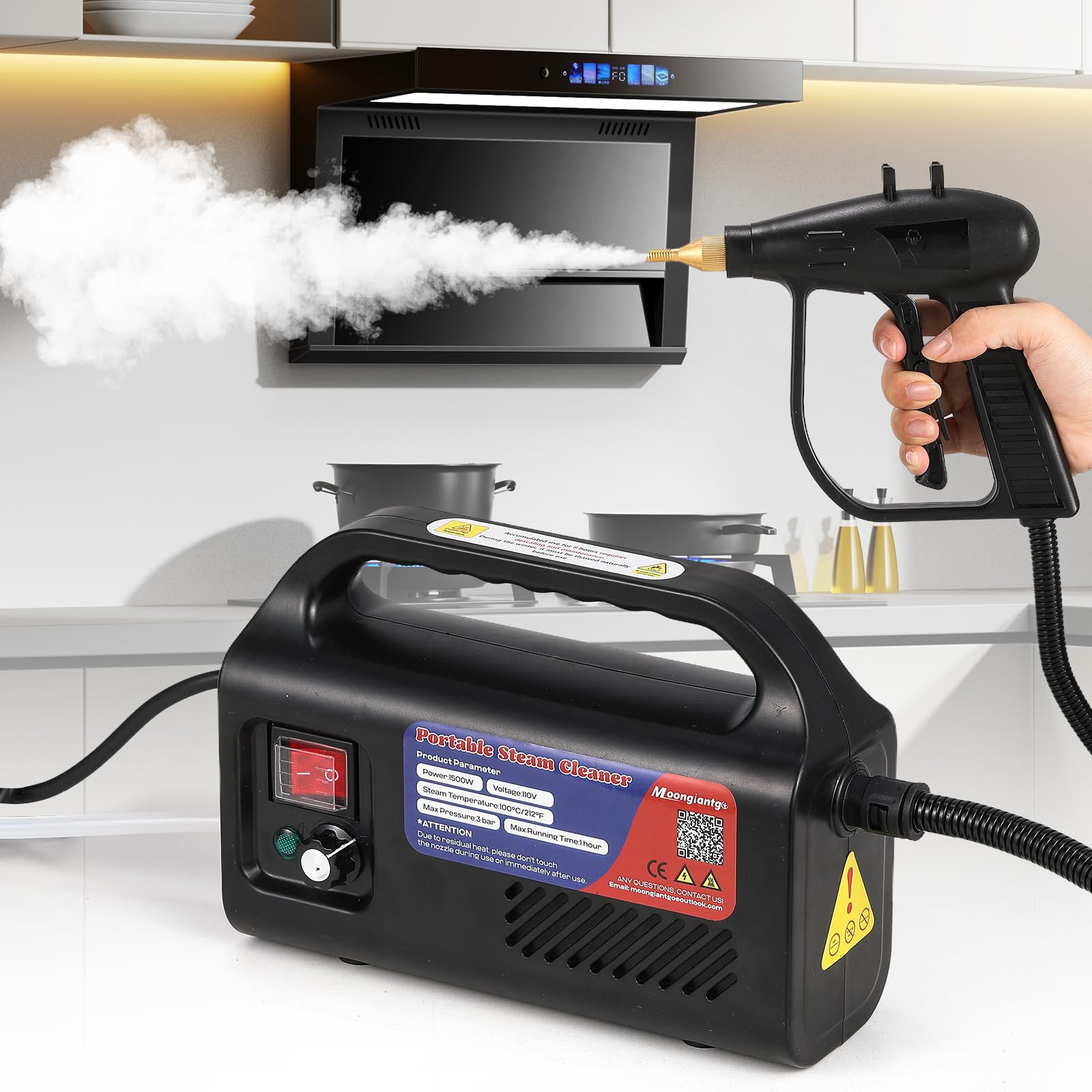 Photo 1 of Moongiantgo High Pressure Steam Cleaner 1500W Handheld Steamer for Cleaning, Portable Tankless Pressurized Cleaning Machine for Car Detailing Grout Tile, Commercial Home Kitchen Bathroom (Black)