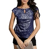 YHHOWEP Women's Sequin Tops Glitter Sequence Shirt Cap Sleeve Dressy Blouses Club Party Top Disco Concert Outfits