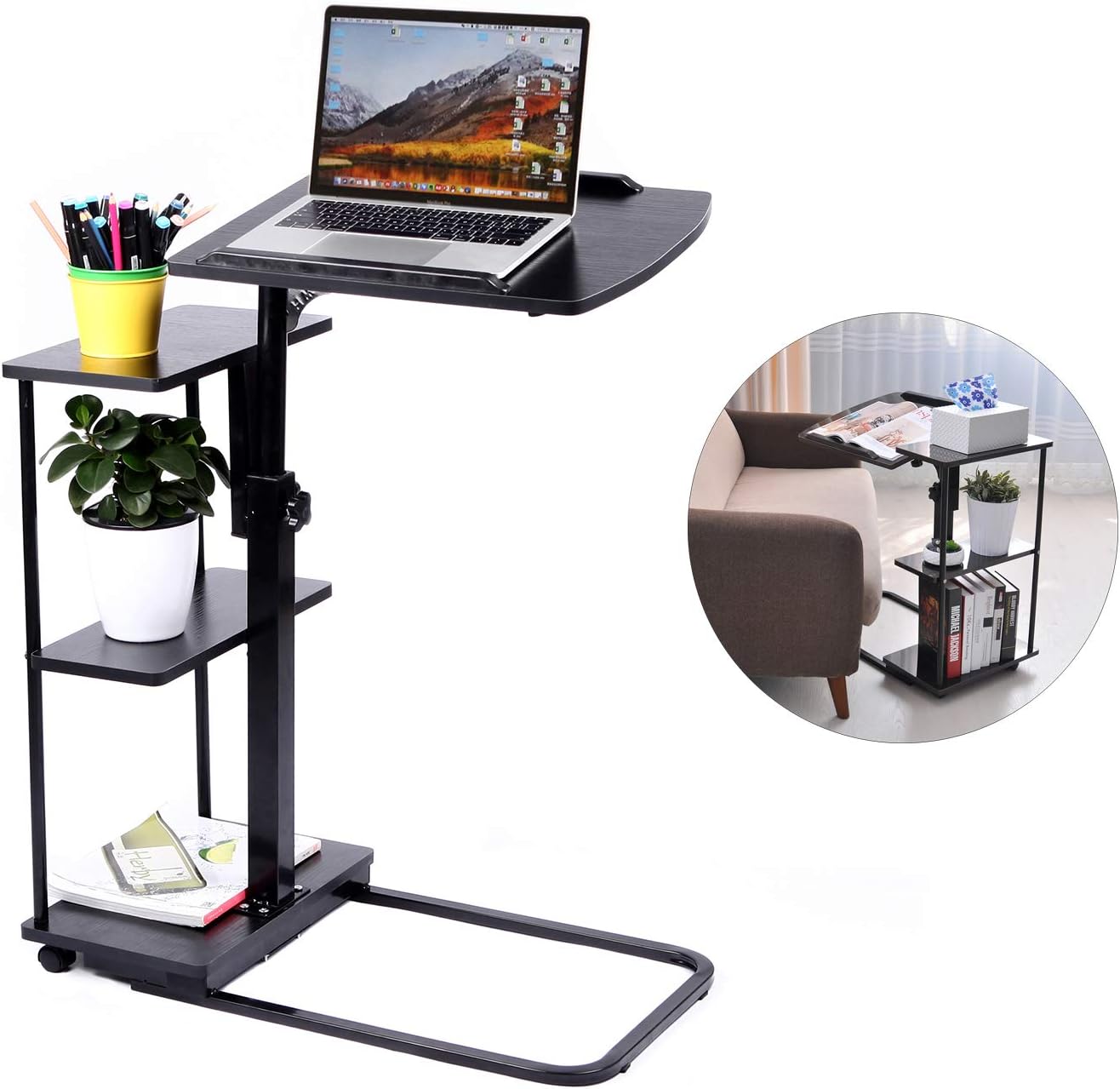 BarleyHome Laptop Desk Adjustable Height Overbed Table, Sofa Side Table Rolling Computer Cart with Storage Shelves, Black