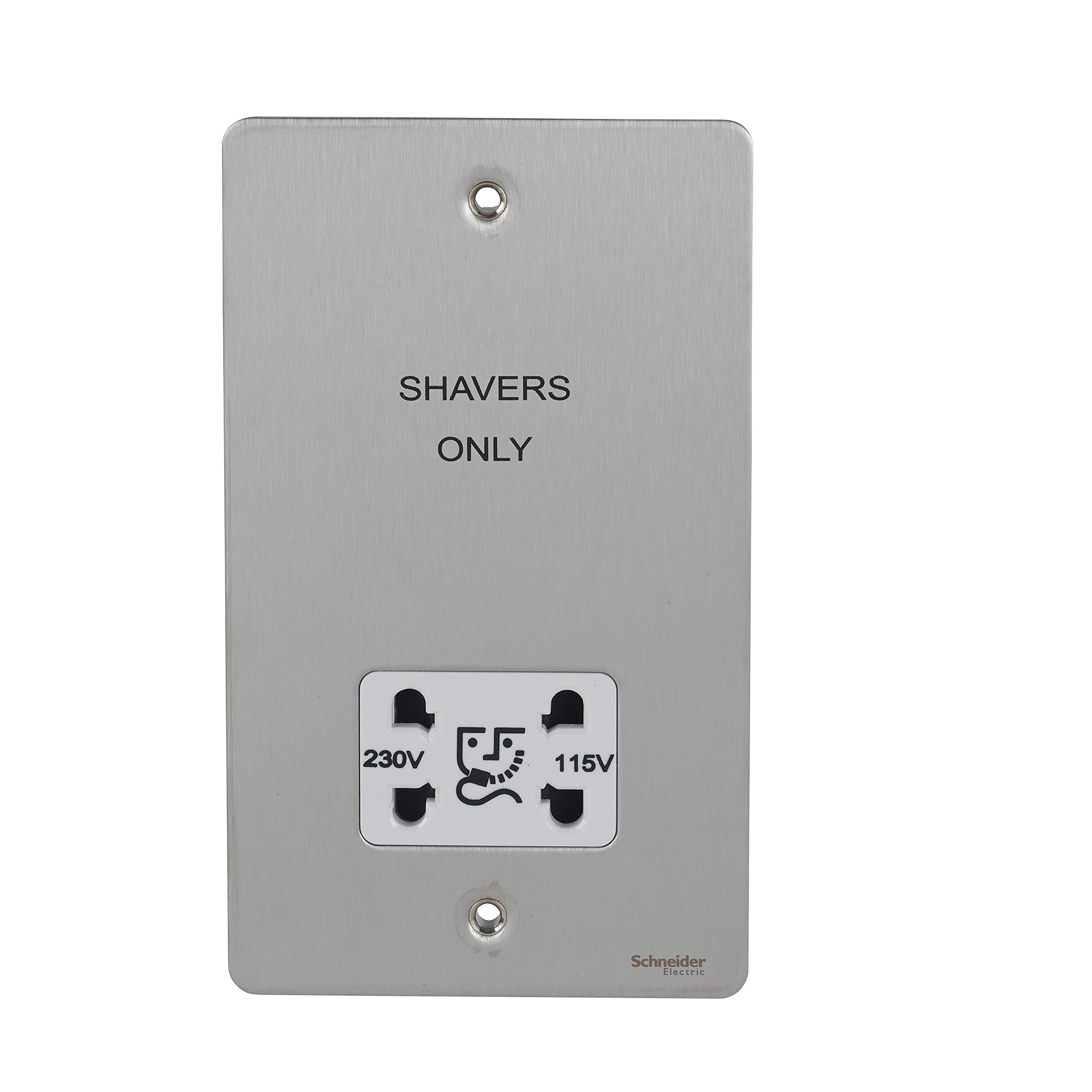 Schneider Electric Ultimate Flat Plate - Shaver Socket, Dual Voltage, 115/230 V, GU7290WSS, Stainless Steel with White Insert