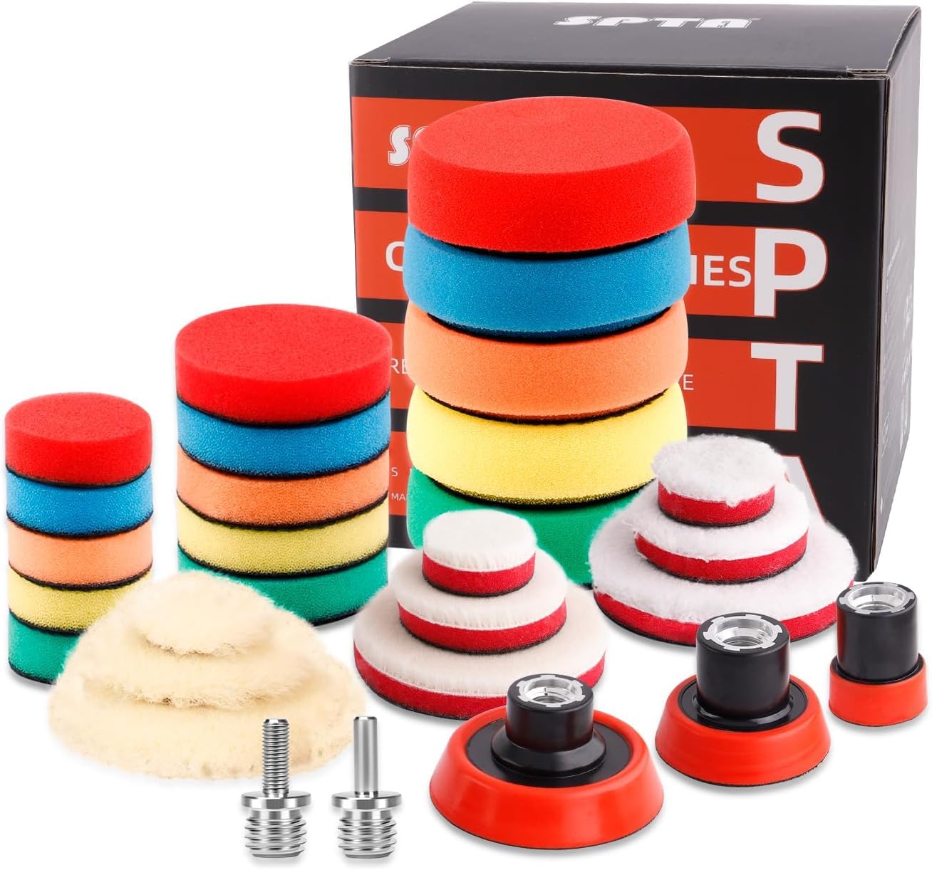 SPTA 29pcs Drill Buffing Pad Detail Polishing Pad Mix Size Kit with 5/8-11 Thread Backing pad & Adapters for Car Sanding, Polishing, Waxing (29Pcs Mini Polishing Pad Set1) Image