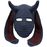 WUODHTW Women Men Knit Balaclava Face Mask Bunny Ear Funny Horns Ski Scarf Winter Warm Hat Halloween Knit Skull Beanie Hat