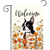 Floral Boston Terrier Garden Flag Fall Yard Flag Wildflower Dog Garden Flags Orange Autumn Lawn Flags Welcome Thanksgiving Outdoor Flags for Outside 12x18 Double Sided Small