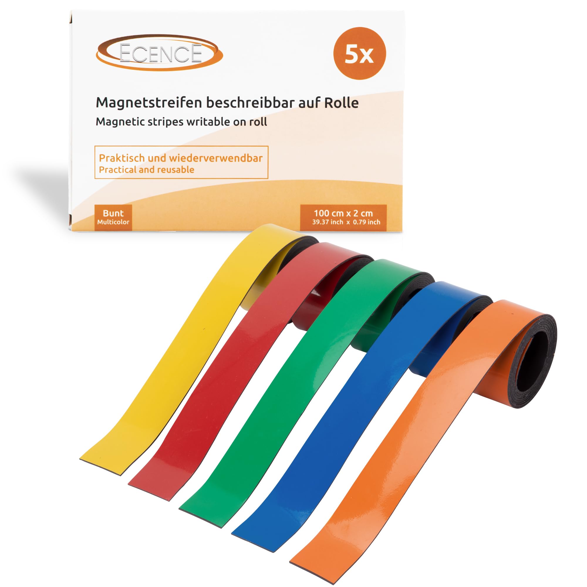 ECENCE Magnetic Tape Reusable - Write-on - 5 Rolls - Magnetic Dry Erase Labels on a roll - Magnetic Strip - for Office, Kitchen, Household - per roll 100x2cm
