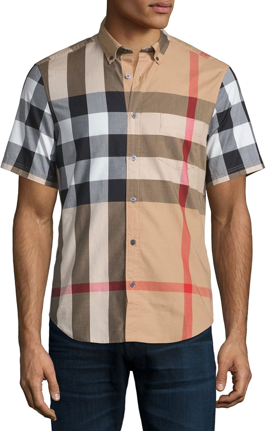 Authentic Burberry Men Brit Camel Checker Stretch Cotton Short Sleeve