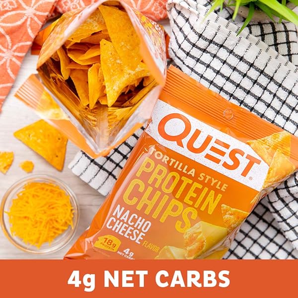 QUEST NUTRITION PROTEIN TORTILLA CHIPS, NACHO CHEESE, 18G PROTEIN, 4G NET CARBS, 150 CALORIES, LOW CARB, GLUTEN FREE, SOY FREE, POTATO FREE, BAKED, 1.1OZ BAG, SINGLE SAMPLE