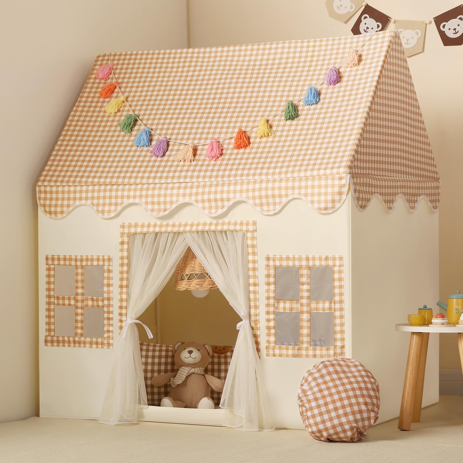 Wilwolfer Kids Play Tents Indoor: Princess PlayHouse with Brown Checkered & Padded Mat & Colorful Tassel Garland - Cute Toddlers Play House Toys Castle Tents for Boys Girls Room Decor — image 1