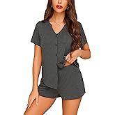 Anjue Pajamas for Women Soft Button Up Pajama Set Short Sleeve Shirt and Pajama Pants Lounge Sets S-XXL