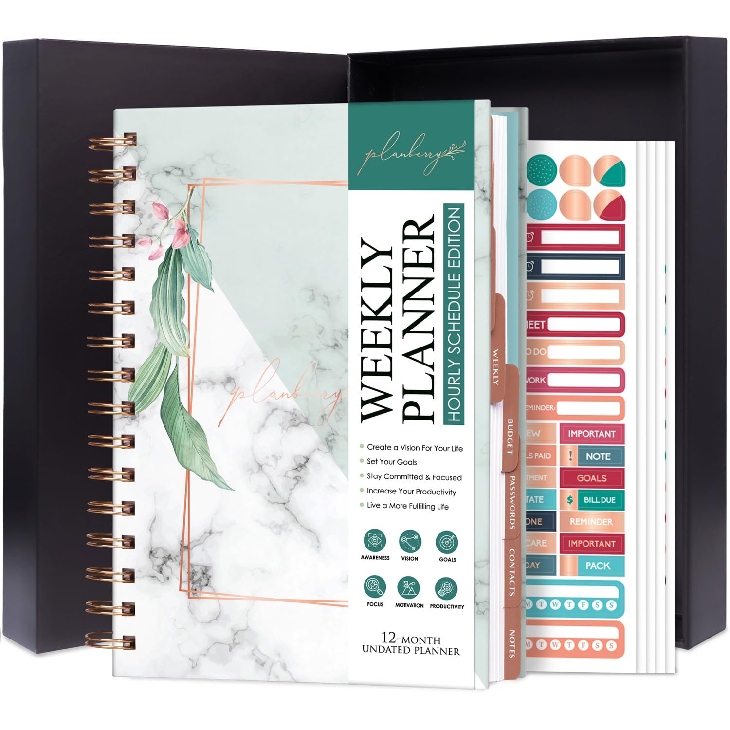 PLANBERRY Hourly Schedule Planner Premium – Undated Journal with Time Slots for Productivity & Budget Organizer, 17.5x21.6cm (Natural Green)