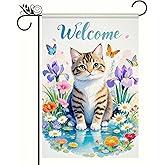 BlissYard Spring Garden Flag 12x18 Double-Sided Cute Cat with Butterflies and Colorful Floral Design Spring Decoration for Seasonal Outdoor Décor, Yard, Porch, Patio, and Garden Decorations