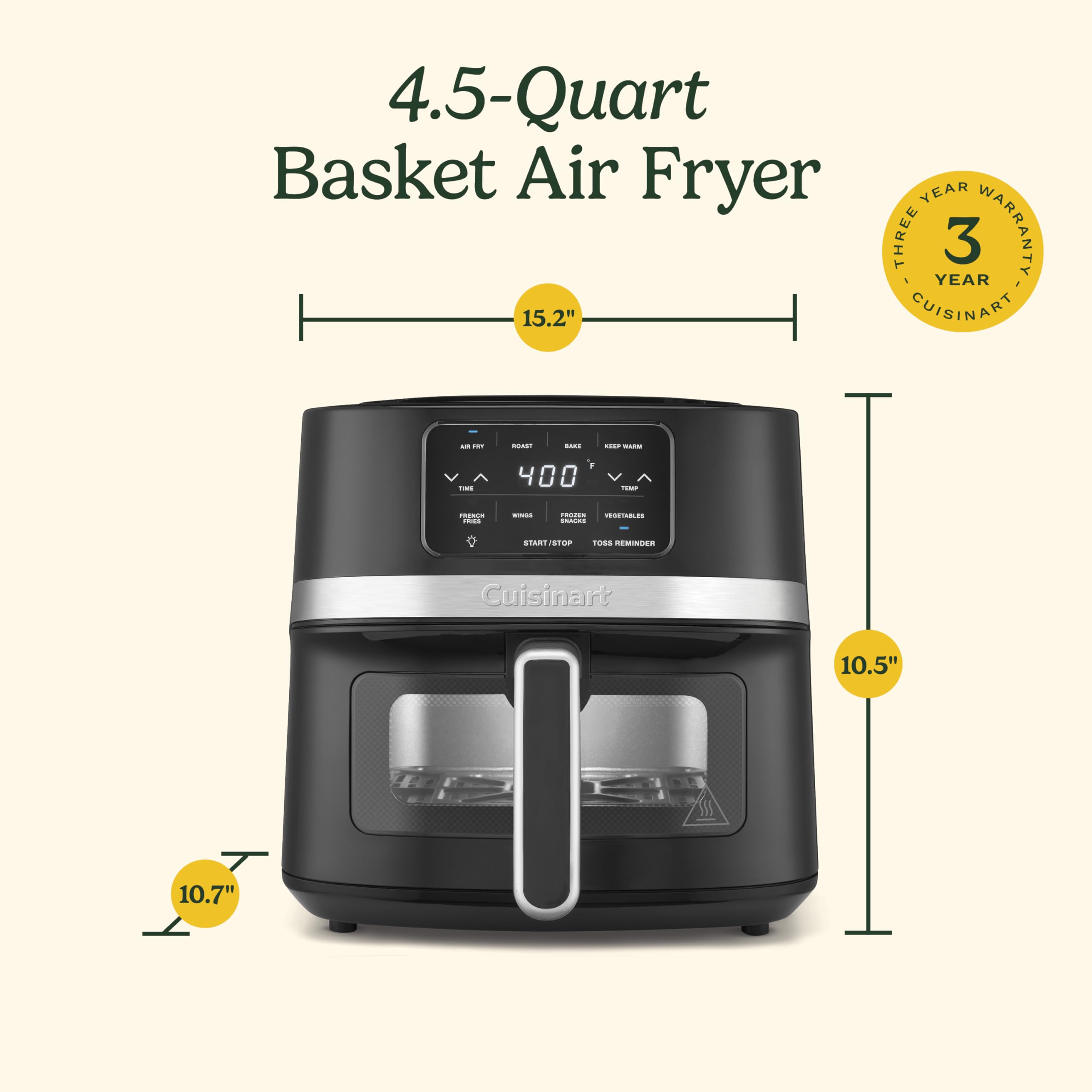 Freidora de aire Cuisinart, freidora de cesta de 4,5 cuartos con 4 funciones de cocción para freír, asar, hornear y mantener caliente, 4 preajustes de freidora de aire, piezas aptas para lavavajillas, AIR-160NAS, acero inoxidable y negro