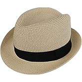 Kids Straw Fedora Panama Hat Toddler Short Brim Summer Sun Beach Cap Western Trilby Derby Jazz Hat for Boys Girls 2-8 Yrs