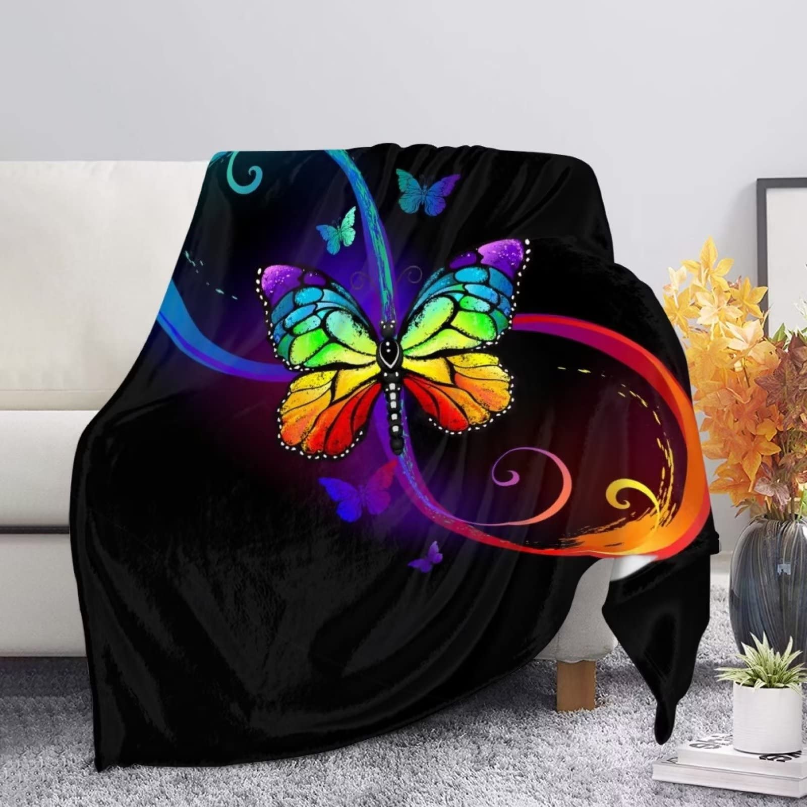 COEQINE Colorful Butterfly Pattern with Throw Blanket for Kids Soft Cozy Throws Blanket Lightweight Warmth Blanket Flannel Blanket Reversible Bed Blankets for Living Room,Black