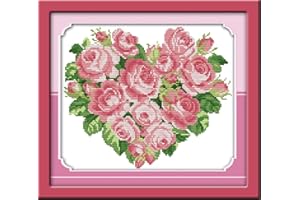 Amiiba Stamped Cross Stitch Kits, Pink Heart Flower Rose DIY 11CT 15.7x13.7 inch (Pink)