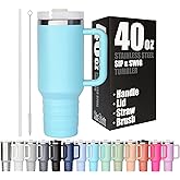 40oz Tumbler with Lid and Straw - Reusable Double Wall Insulated Stainless Steel Water Bottle and Coffee Cup to Keep Hot and Cold Beverages for Hours, Travel Mug, Fits in Cupholder - Aqua Blue