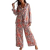 Fenghualzzniya Women Satin Pajama Sets Floral Silk Pajamas Pj Set | 2 Piece Lounge Sets, Button Down Long Sleeve Shirts and Wide Leg Pants Pjs Set, Christmas Holiday Valentine&rsquo;s Day Sleepwear