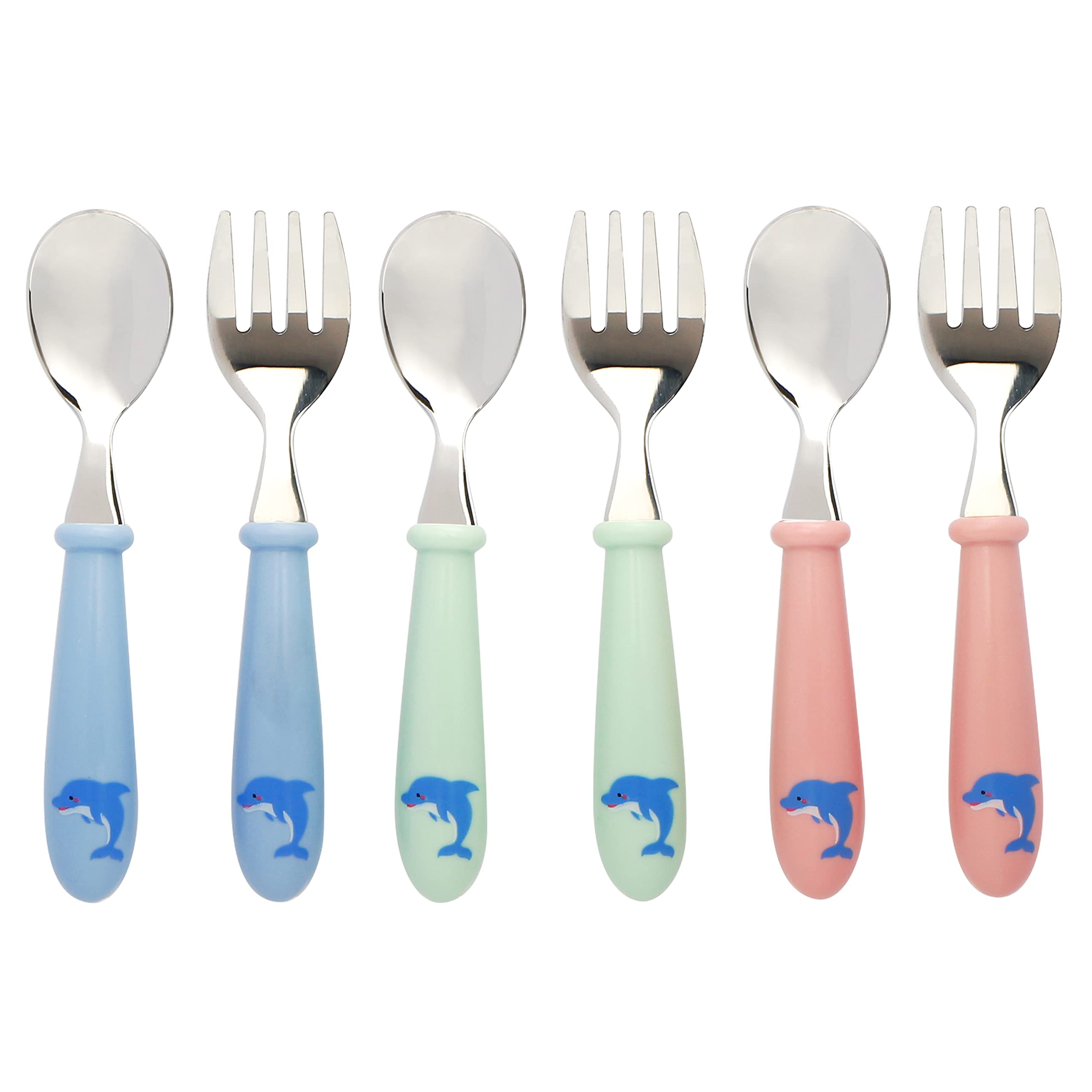 EXZACT Kids Cutlery 6pcs Stainless Steel 18/10 - Children's Cutlery Toddler 3 x Forks, 3 x Spoons - Dishwasher Safe - BPA Free - Dolphin