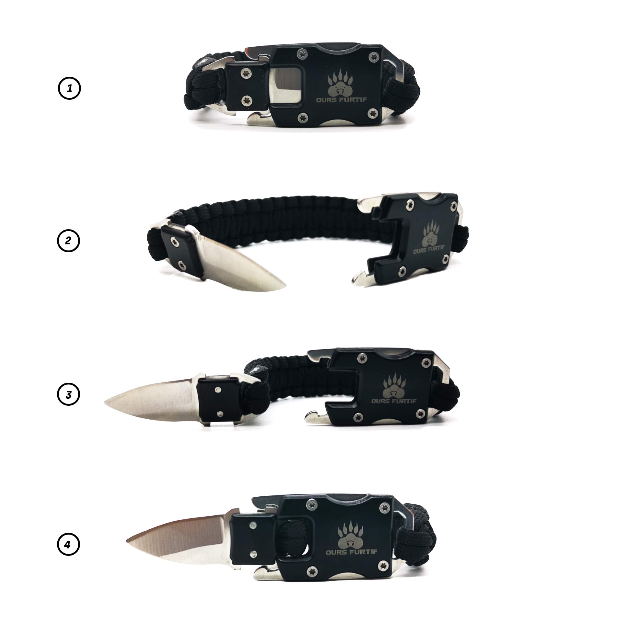 Ours Furtif Bracelet paracorde de Survie Noir avec Couteau intégré - Corde et Acier de qualité - Taille Ajustable (Nature, découverte, Aventure, Camping, Randonnée, Activités extérieures)