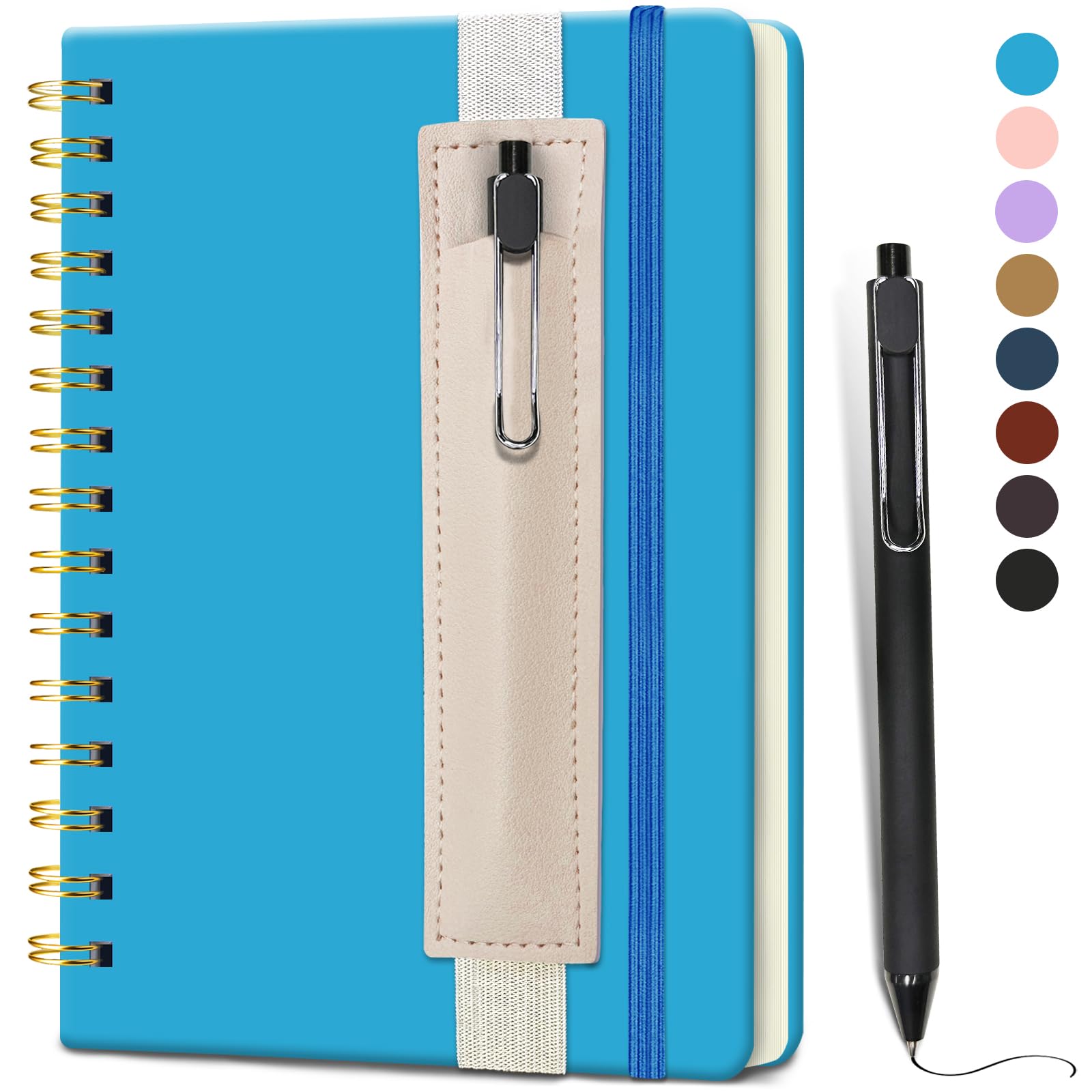DWIYITTN A5 Spiral Notebook and Pen Set, 160 Lined Pages Faux Leather Hardback Wirebound Notebook A5 with Detachable Pen Holder and Pen for School College Work Home Writing Note Taking(Blue)