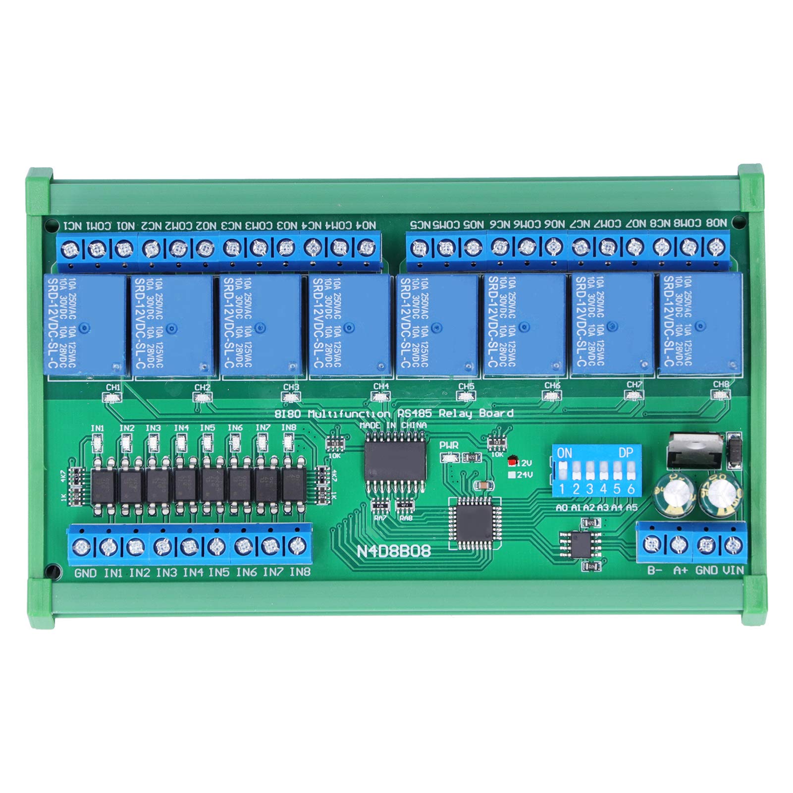 Modbus RTU 8 Way Relay Module, 2400 4800 19200 BPS DIY RS485 System Road DIN Rail Box (8 Way 12V)