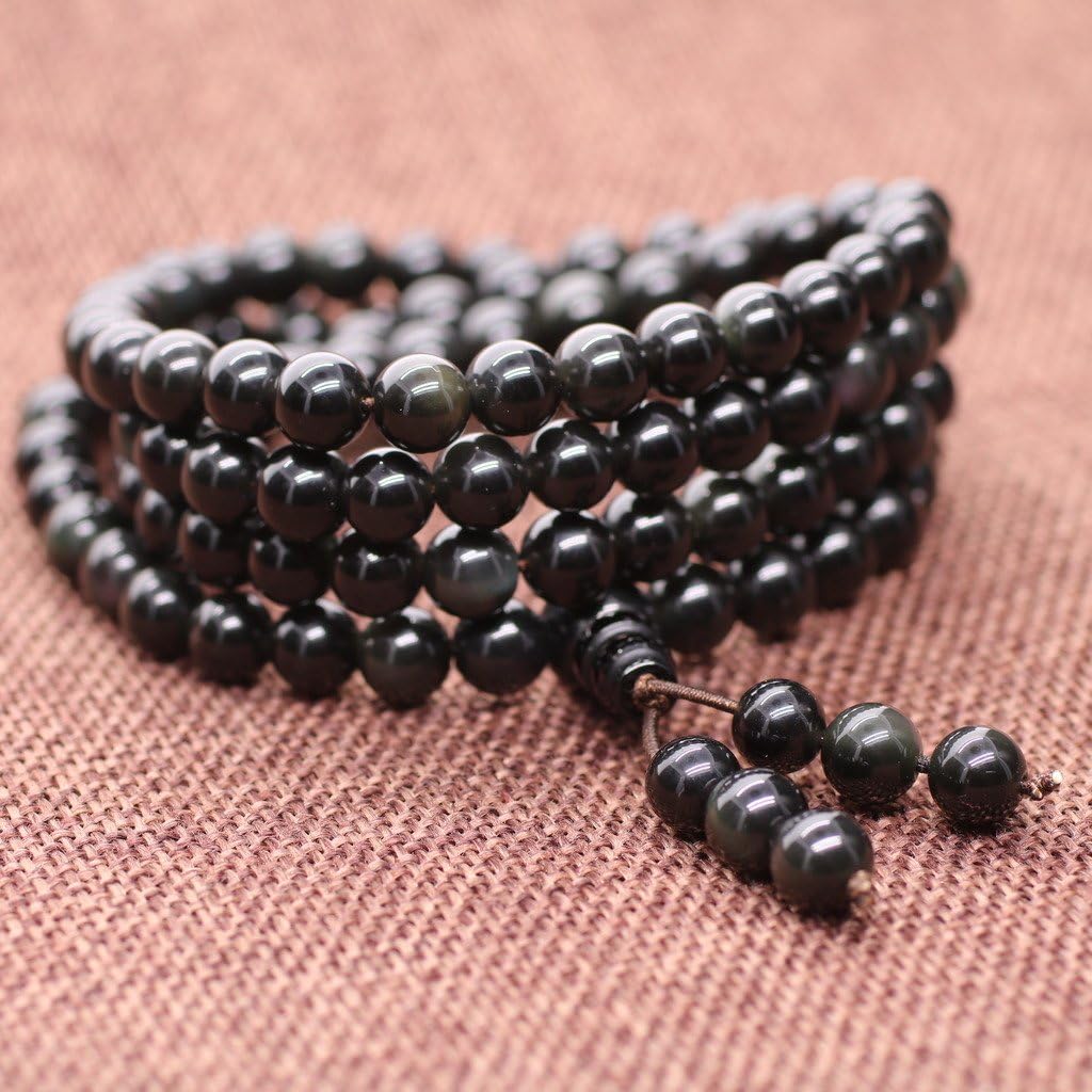coai 108 Beads Rainbow Eye Obsidian Bead Meditation Mala Bracelet Necklace 8mm, black - Image 3