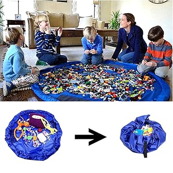 Amaza 150cm Tappetino Per Giochi Semplici Che Si Trasforma In Sacco Di Raccolta Lego Tappeto Portagiochi Blu