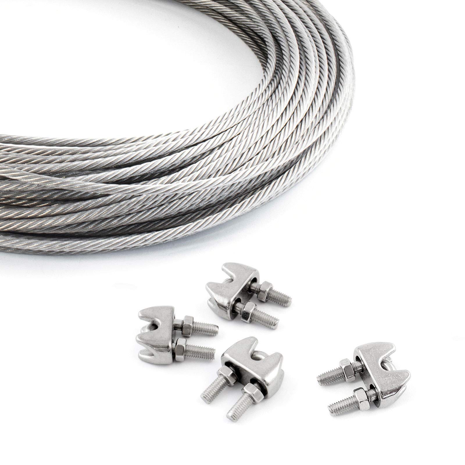 Set 100m Wire Rope Stainless Steel Strand:7x7 3mm + 4 Clips + Many Sizes Avaliable - Many Sizes Avaliable