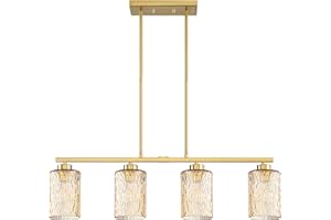 RAINLIGHTING 4-Light Linear Farmhouse Modern Rectangular Chandelier Lighting,Luxury Water Ripple Amber Glass Island Light Fixture Brushed Bronze Finish for Kitchen Island,Living Room,UL Listed