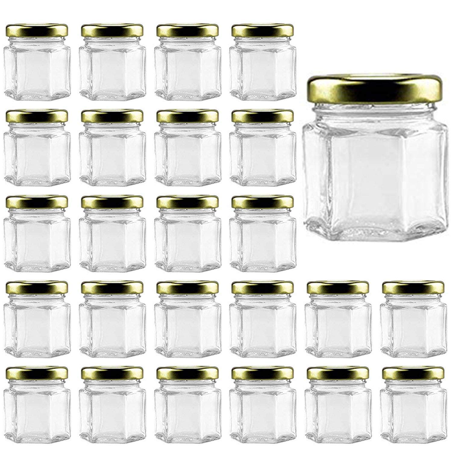 Photo 1 of 25Pack1.5oz Honey Jars,Mini Honey Jars With Dipper,Hexagon Glass Jar with Gold Lids,Glass Jar with Labels for Gifts,Wedding Favors,baby Favors and DIY Ideas