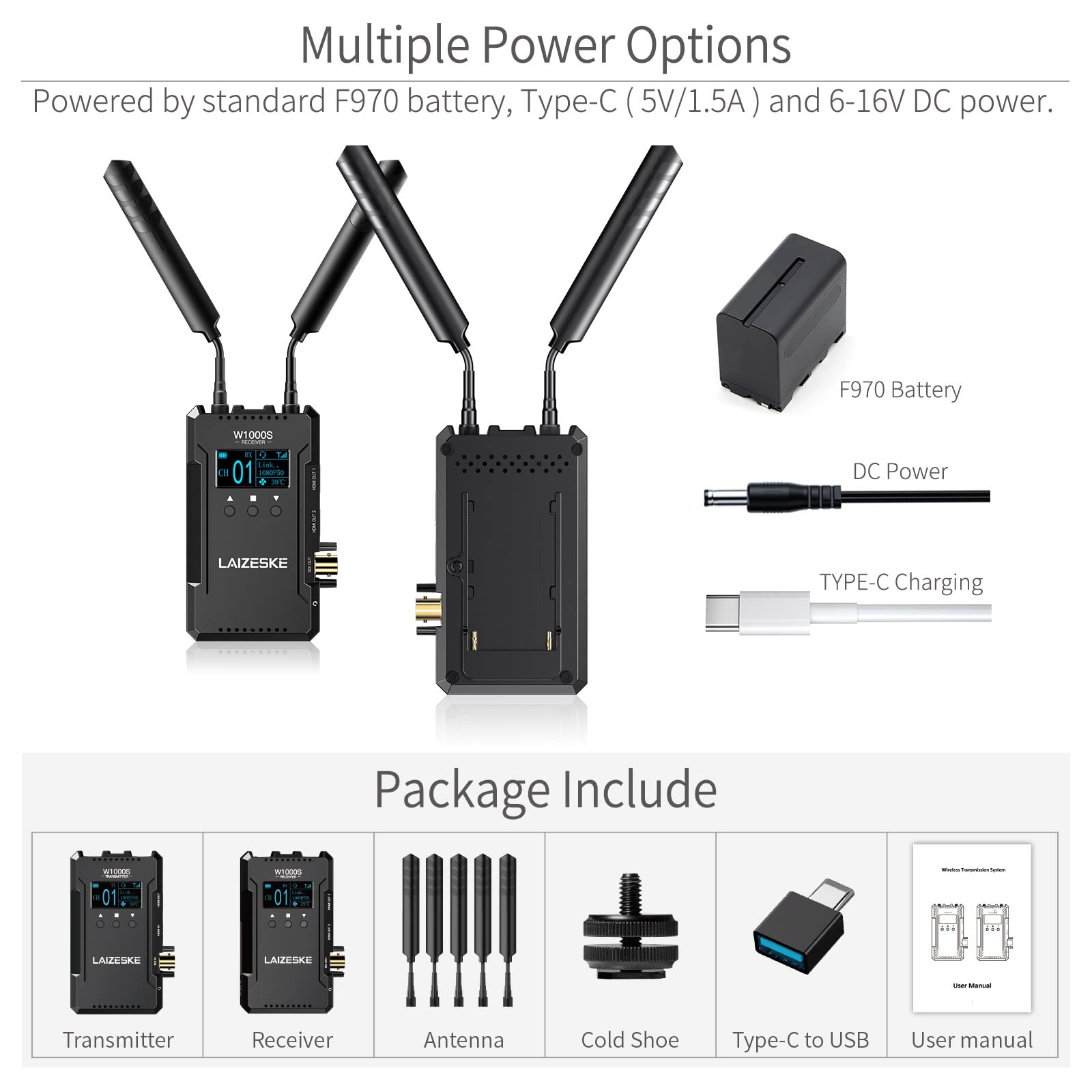 W1000S Wireless Video Transmission System Dual HDMI SDI 1000FT Transmission Range 0.08S Low Lantency Real Time APP Monitoring