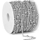 33 Feet Stainless Steel Satellite Curb Chain Roll, 2mm 304 Stainless Steel Ball Beaded Twisted Link Chains Spool Bulk for Jewelry Making DIY Craft