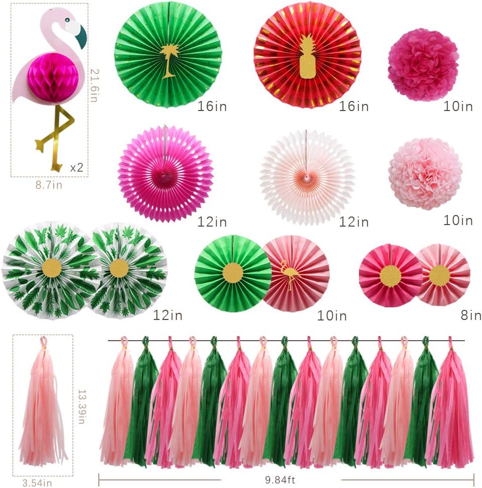 KAXIXI Tropical Flamingo Party Supplies, Pink Honeycomb Balls Hanging Paper Fans Pom Poms Flowers Tissue Tassels for Birthday Baby Shower Decorations Bachelorette Hawaiian Summer Beach Party: Home & Kitchen