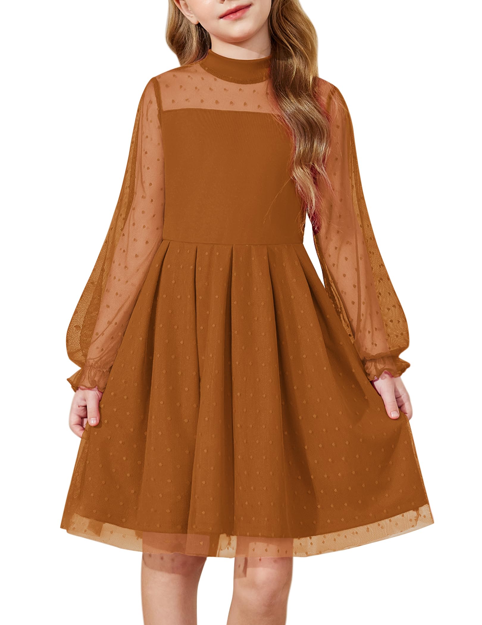Arshiner Girls Fall Dresses Tween Long Sleeve Formal Party Tulle Dress Brown Size 5-6 Image